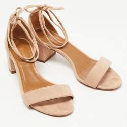 Pre Owned Aquazzura Beige Suede Block Heel Ankle Tie Sandals Size 36.5