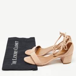 Pre Owned Aquazzura Beige Suede Block Heel Ankle Tie Sandals Size 36.5