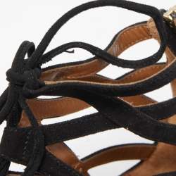 Pre Owned Aquazzura Black Suede Belgravia Ankle Wrap Flats Size 38