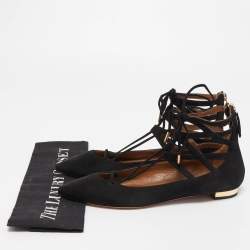 Pre Owned Aquazzura Black Suede Belgravia Ankle Wrap Flats Size 38