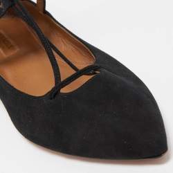 Pre Owned Aquazzura Black Suede Belgravia Ankle Wrap Flats Size 38