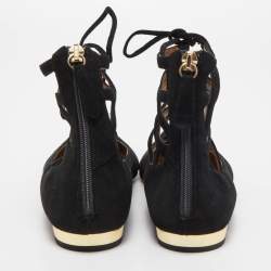 Pre Owned Aquazzura Black Suede Belgravia Ankle Wrap Flats Size 38
