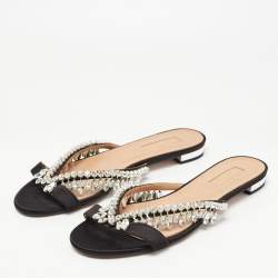 Pre Owned Aquazzura Black Satin Crystal Embellished Slide Sandals Size 38