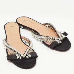 Pre Owned Aquazzura Black Satin Crystal Embellished Slide Sandals Size 38