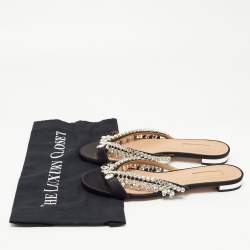 Pre Owned Aquazzura Black Satin Crystal Embellished Slide Sandals Size 38