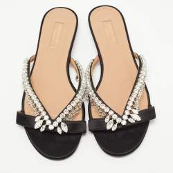 Pre Owned Aquazzura Black Satin Crystal Embellished Slide Sandals Size 38