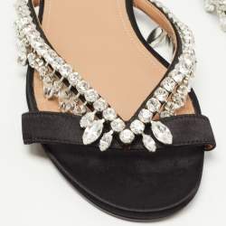Pre Owned Aquazzura Black Satin Crystal Embellished Slide Sandals Size 38