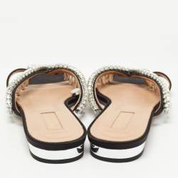 Pre Owned Aquazzura Black Satin Crystal Embellished Slide Sandals Size 38