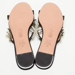 Pre Owned Aquazzura Black Satin Crystal Embellished Slide Sandals Size 38