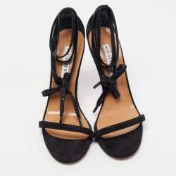 Pre Owned Aquazzura Black Suede Mon Cherie Ankle Tie Sandals Size 38.5