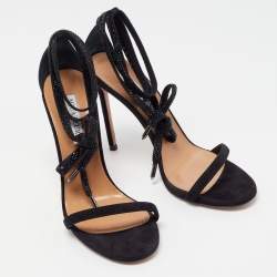 Pre Owned Aquazzura Black Suede Mon Cherie Ankle Tie Sandals Size 38.5