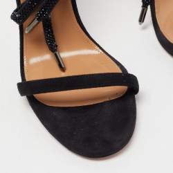 Pre Owned Aquazzura Black Suede Mon Cherie Ankle Tie Sandals Size 38.5