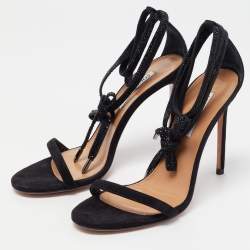 Pre Owned Aquazzura Black Suede Mon Cherie Ankle Tie Sandals Size 38.5