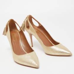 Pre Owned Aquazzura Gold Textured Leather Forever Marilyn Cut Out Tassel Detail Pumps Size 40