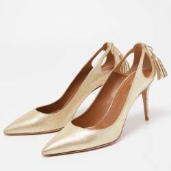 Pre Owned Aquazzura Gold Textured Leather Forever Marilyn Cut Out Tassel Detail Pumps Size 40