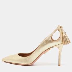 Pre Owned Aquazzura Gold Textured Leather Forever Marilyn Cut Out Tassel Detail Pumps Size 40