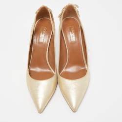 Pre Owned Aquazzura Gold Textured Leather Forever Marilyn Cut Out Tassel Detail Pumps Size 40