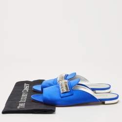 Pre Owned Aquazzura Blue Satin and Crystal Slide Flats Size 38