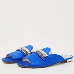 Pre Owned Aquazzura Blue Satin and Crystal Slide Flats Size 38