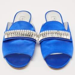 Pre Owned Aquazzura Blue Satin and Crystal Slide Flats Size 38
