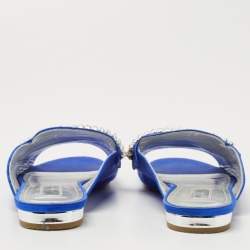 Pre Owned Aquazzura Blue Satin and Crystal Slide Flats Size 38
