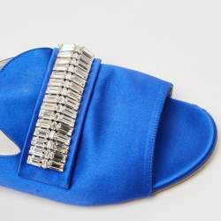 Pre Owned Aquazzura Blue Satin and Crystal Slide Flats Size 38