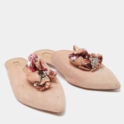 Aquazzura Blush Beige Suede Sequin Embellished Pointed Toe Mules Size 38