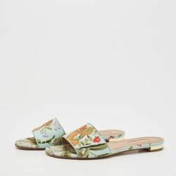 Pre Owned Aquazzura Green Brocade Fabric Slide Flats Size 37.5