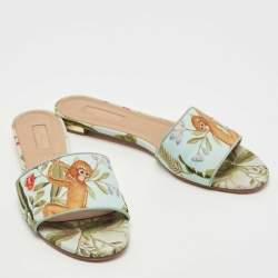 Pre Owned Aquazzura Green Brocade Fabric Slide Flats Size 37.5