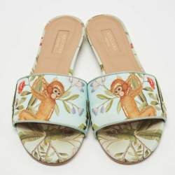 Pre Owned Aquazzura Green Brocade Fabric Slide Flats Size 37.5