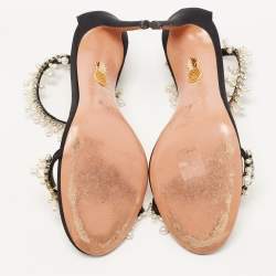 Aquazzura Black Canvas Crystal and Faux Pearl Embellished Ankle Strap Sandals Size 39