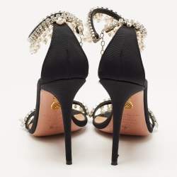 Aquazzura Black Canvas Crystal and Faux Pearl Embellished Ankle Strap Sandals Size 39