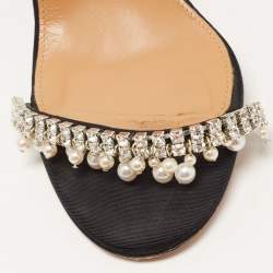 Aquazzura Black Canvas Crystal and Faux Pearl Embellished Ankle Strap Sandals Size 39