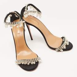 Aquazzura Black Canvas Crystal and Faux Pearl Embellished Ankle Strap Sandals Size 39