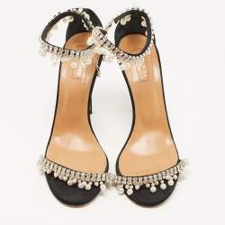 Aquazzura Black Canvas Crystal and Faux Pearl Embellished Ankle Strap Sandals Size 39