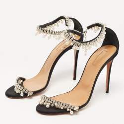 Aquazzura Black Canvas Crystal and Faux Pearl Embellished Ankle Strap Sandals Size 39