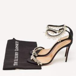Aquazzura Black Canvas Crystal and Faux Pearl Embellished Ankle Strap Sandals Size 39