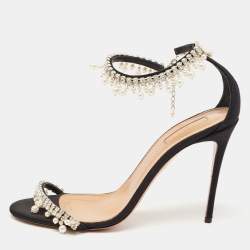 Aquazzura Black Canvas Crystal and Faux Pearl Embellished Ankle Strap Sandals Size 39