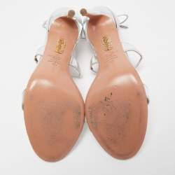 Pre Owned Aquazzura Silver Leather Linda Ankle Tie Sandals Size 40