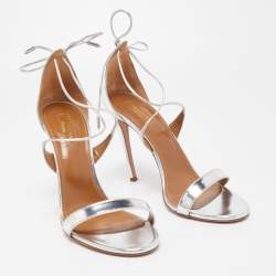 Pre Owned Aquazzura Silver Leather Linda Ankle Tie Sandals Size 40