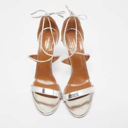 Pre Owned Aquazzura Silver Leather Linda Ankle Tie Sandals Size 40