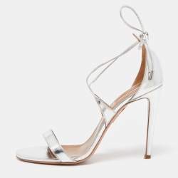 Pre Owned Aquazzura Silver Leather Linda Ankle Tie Sandals Size 40