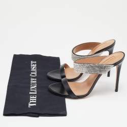 Pre Owned Aquazzura Black Leather and Crystals Embellished Slide Sandals Size 37