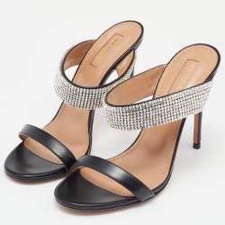 Pre Owned Aquazzura Black Leather and Crystals Embellished Slide Sandals Size 37