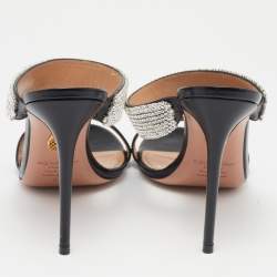 Pre Owned Aquazzura Black Leather and Crystals Embellished Slide Sandals Size 37