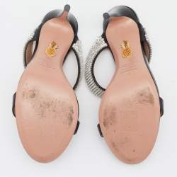 Pre Owned Aquazzura Black Leather and Crystals Embellished Slide Sandals Size 37