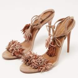 Pre Owned Aquazzura Brown Suede Fringed Wild Thing Ankle Strap Sandals Size 41