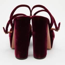 Pre Owned Aquazzura Burgundy Velvet Mira Block Heel Platform Ankle Strap Sandals Size 36