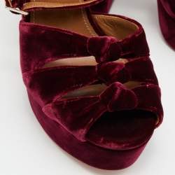 Pre Owned Aquazzura Burgundy Velvet Mira Block Heel Platform Ankle Strap Sandals Size 36