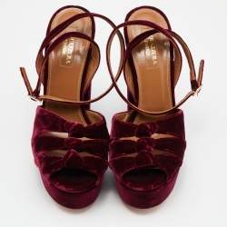 Pre Owned Aquazzura Burgundy Velvet Mira Block Heel Platform Ankle Strap Sandals Size 36